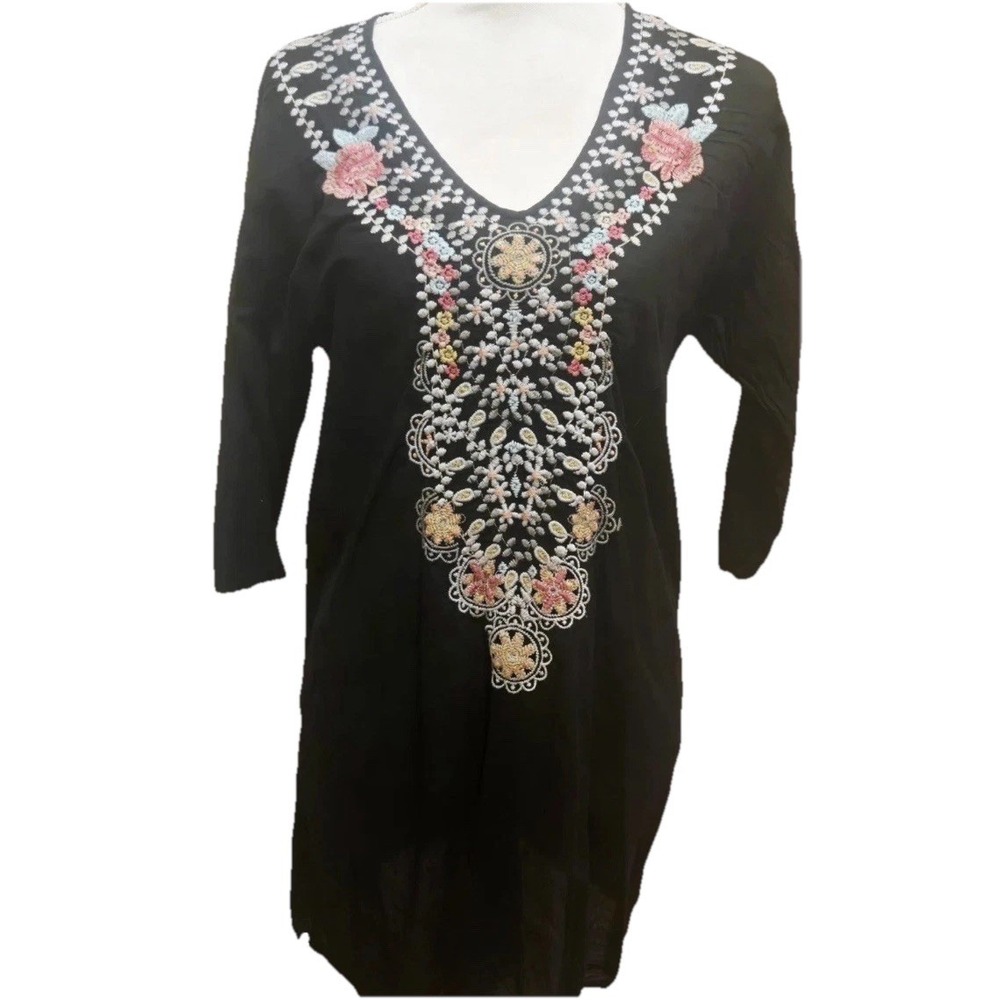 Johnny Was Black Boho Embroidered Tunic Top Small Peasant Boho Luxury Designer